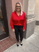 Ruby Red Satin Button Down Top-Long Sleeve Tops-skies are blue-The Silo Boutique, Women's Fashion Boutique Located in Warren and Grand Forks North Dakota