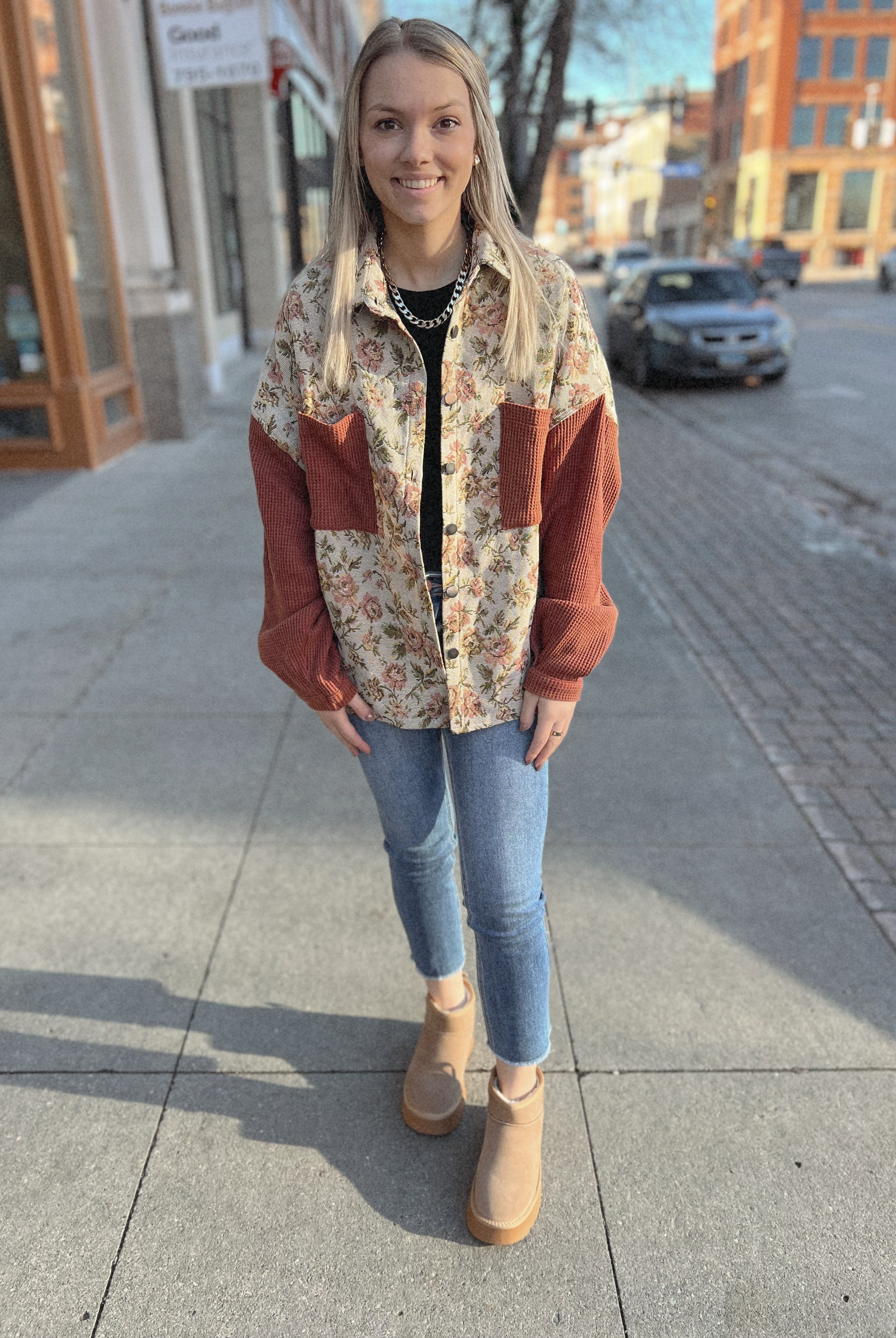 Brick Floral Combo Button Down Shirt-Sweaters-pol-The Silo Boutique, Women's Fashion Boutique Located in Warren and Grand Forks North Dakota
