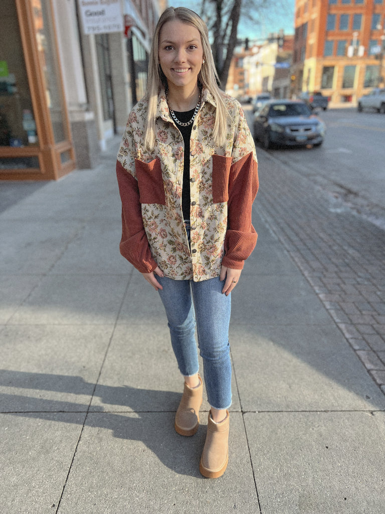 Brick Floral Combo Button Down Shirt-Sweaters-pol-The Silo Boutique, Women's Fashion Boutique Located in Warren and Grand Forks North Dakota