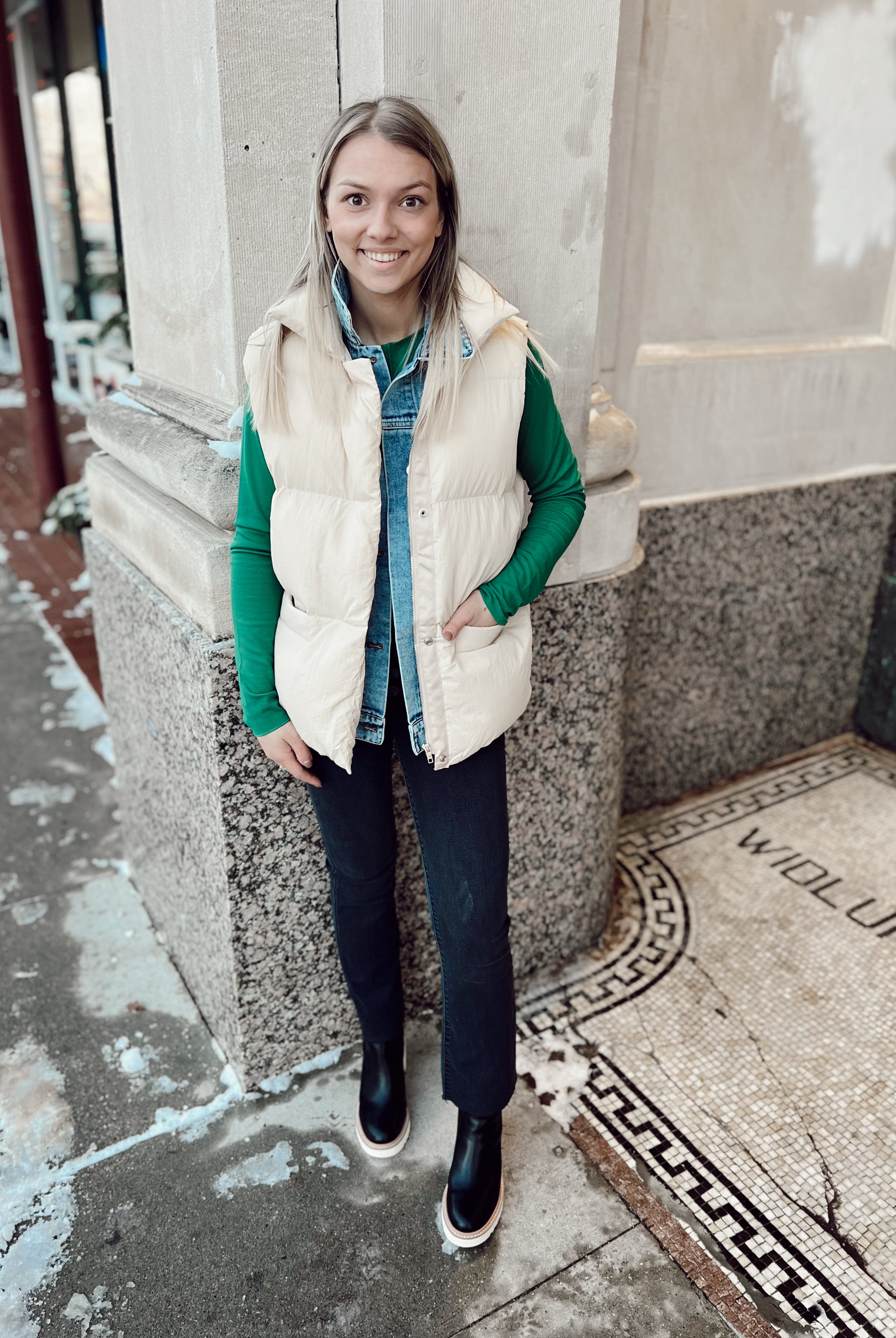 Beige Playful Puffer with Denim Vest-Vests-bluivy-The Silo Boutique, Women's Fashion Boutique Located in Warren and Grand Forks North Dakota