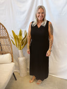 Black V Neck Dress-Dresses-ENTRO-The Silo Boutique, Women's Fashion Boutique Located in Warren and Grand Forks North Dakota