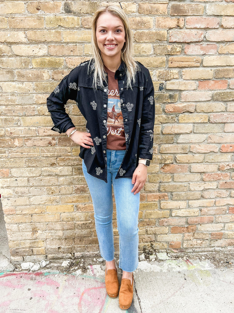 Black Floral Detailed Shirt Jacket-Coats & Jackets-mystree-The Silo Boutique, Women's Fashion Boutique Located in Warren and Grand Forks North Dakota