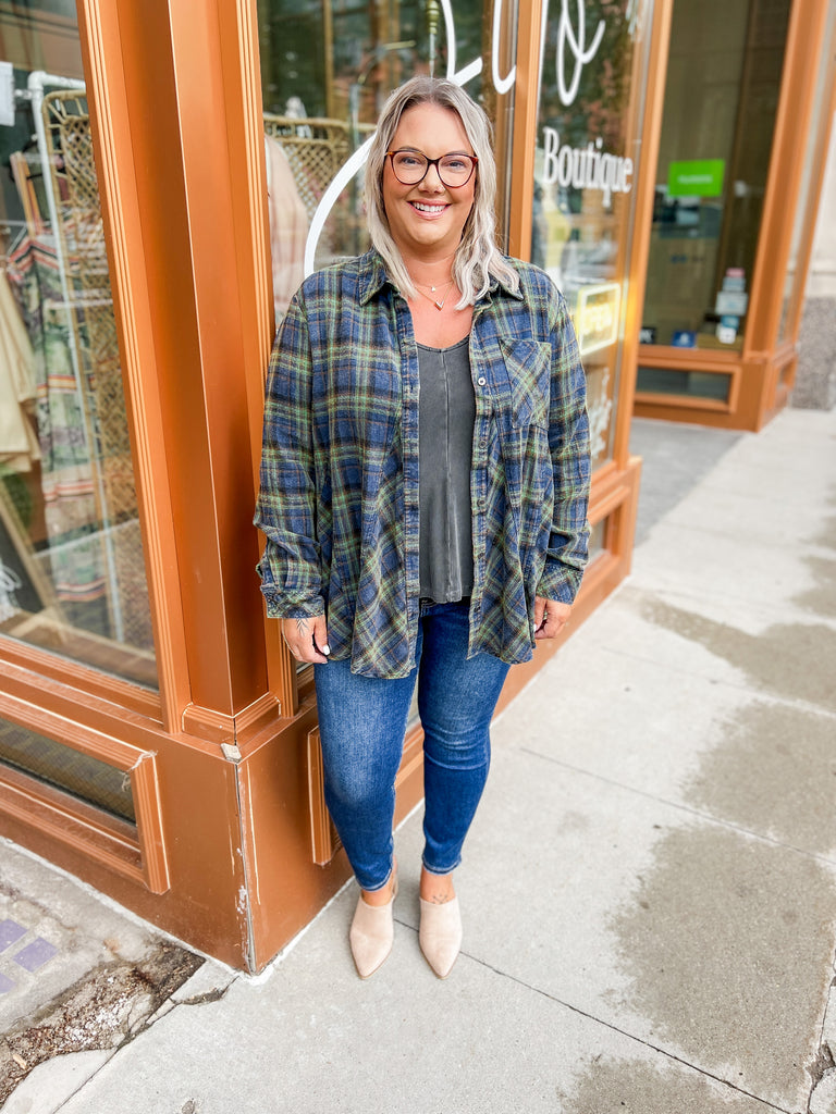 Green Mineral Washed Plaid Flannel-sweater-heyson-The Silo Boutique, Women's Fashion Boutique Located in Warren and Grand Forks North Dakota