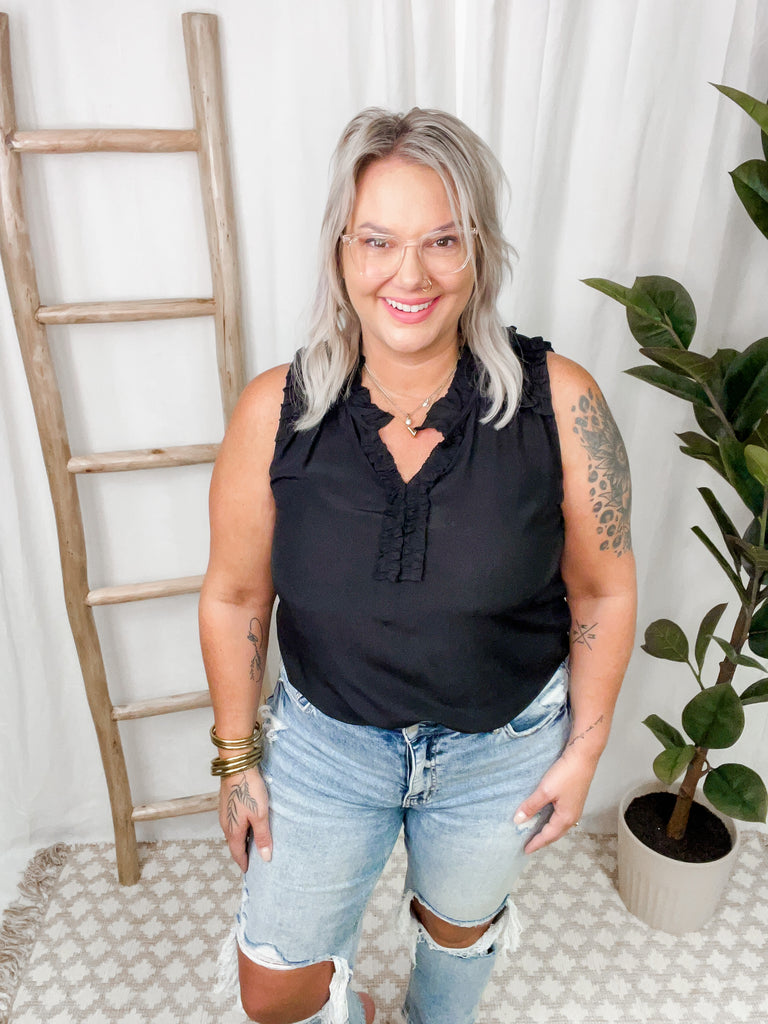 Lovey Black Ruffle Top-Tank Tops-first love-The Silo Boutique, Women's Fashion Boutique Located in Warren and Grand Forks North Dakota