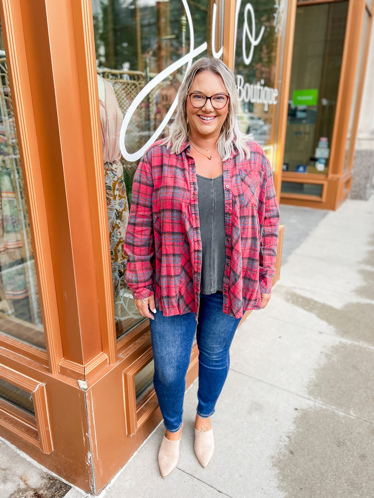 Red Mineral Washed Plaid Flannel-sweater-heyson-The Silo Boutique, Women's Fashion Boutique Located in Warren and Grand Forks North Dakota