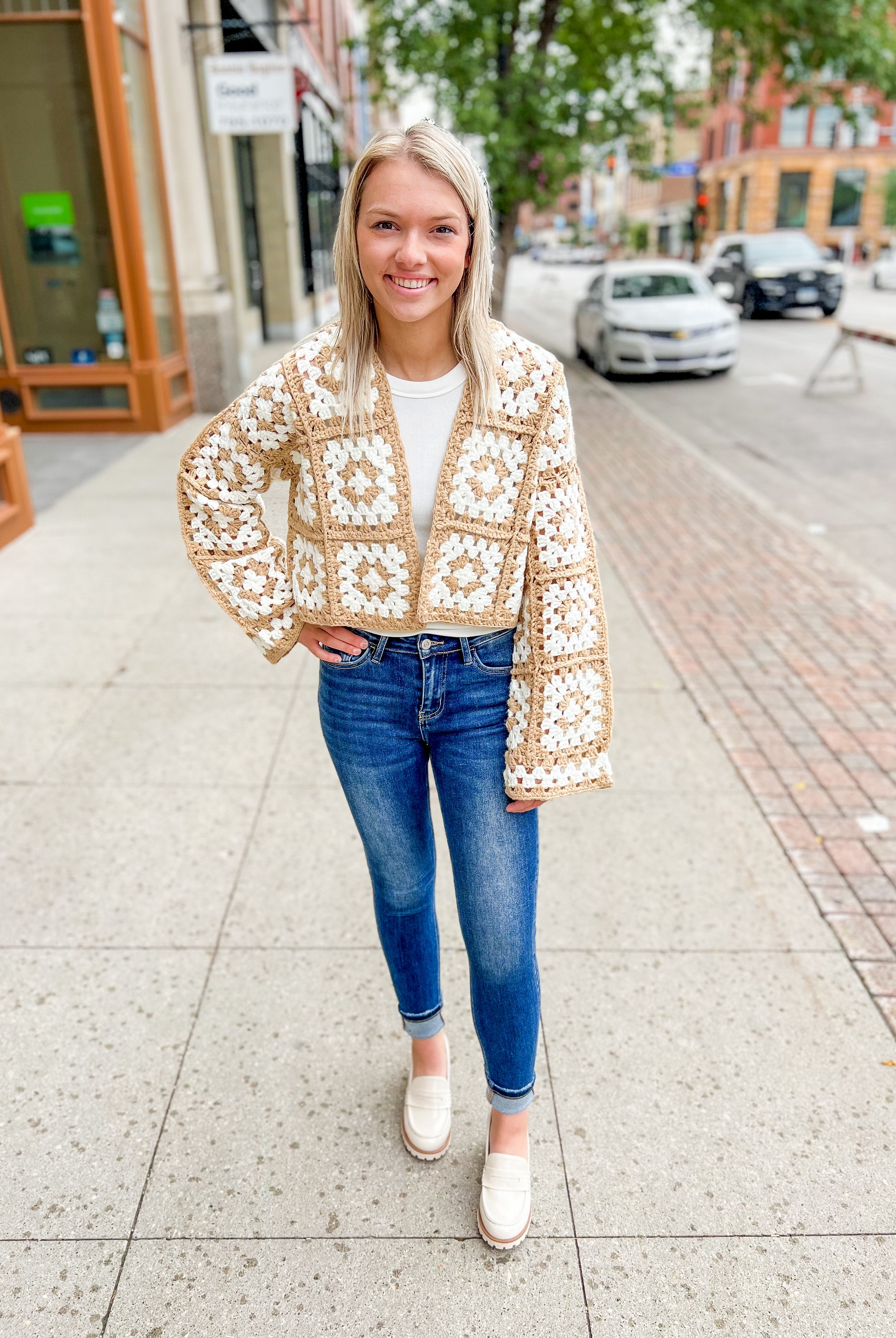 Elan Crochet Beige Cardigan-Sweaters-elan-The Silo Boutique, Women's Fashion Boutique Located in Warren and Grand Forks North Dakota
