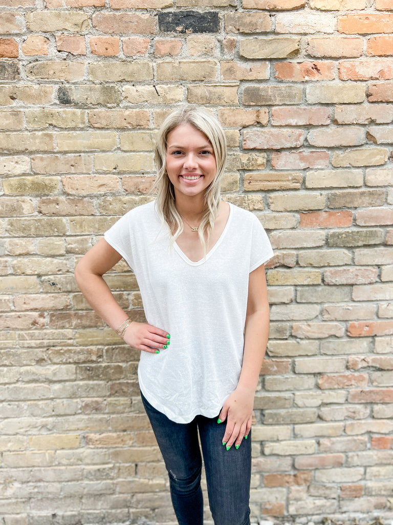 Be Cool Off White Basic V Neck Tee-top-be cool-The Silo Boutique, Women's Fashion Boutique Located in Warren and Grand Forks North Dakota
