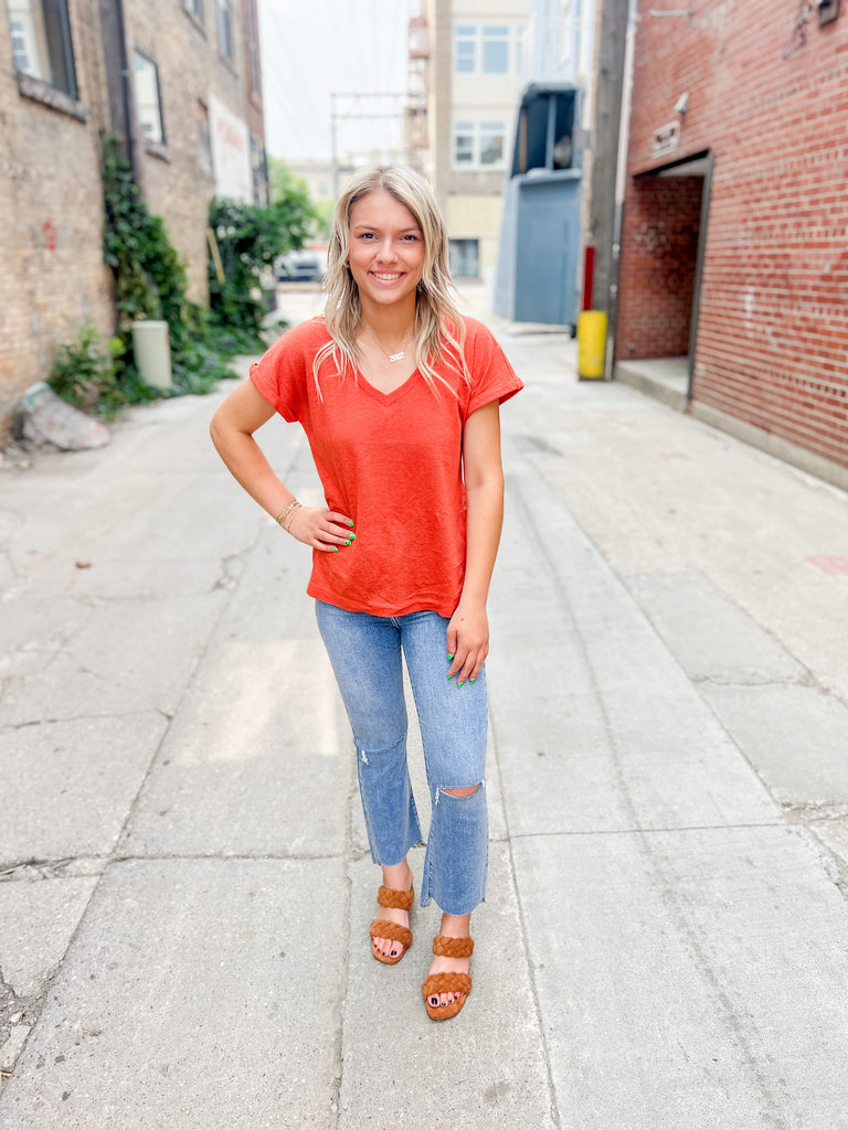Be Cool Burnt Orange V Neck Tee-top-be cool-The Silo Boutique, Women's Fashion Boutique Located in Warren and Grand Forks North Dakota
