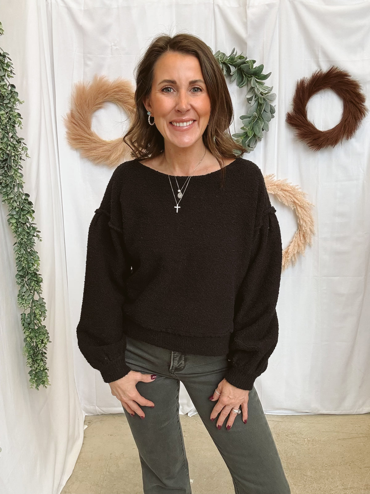 Balloon Sleeve Boucle Sweater-Black-Sweaters-mystree-The Silo Boutique, Women's Fashion Boutique Located in Warren and Grand Forks North Dakota