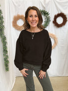 Balloon Sleeve Boucle Sweater-Black-Sweaters-mystree-The Silo Boutique, Women's Fashion Boutique Located in Warren and Grand Forks North Dakota