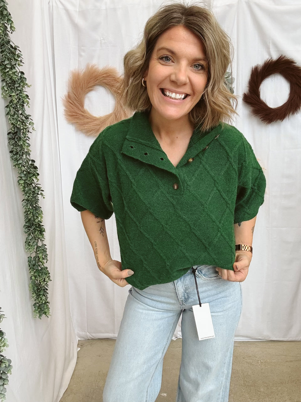 Diamond Pattern Sweater-Green-Sweaters-ENTRO-The Silo Boutique, Women's Fashion Boutique Located in Warren and Grand Forks North Dakota