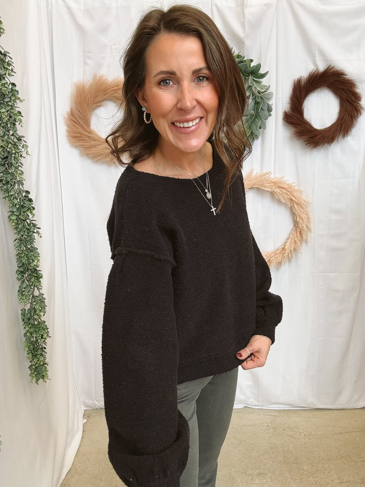 Balloon Sleeve Boucle Sweater-Black-Sweaters-mystree-The Silo Boutique, Women's Fashion Boutique Located in Warren and Grand Forks North Dakota