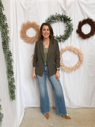 Skies Shirred Sleeve Blazer-Dark Olive-Blazers-skies are blue-The Silo Boutique, Women's Fashion Boutique Located in Warren and Grand Forks North Dakota