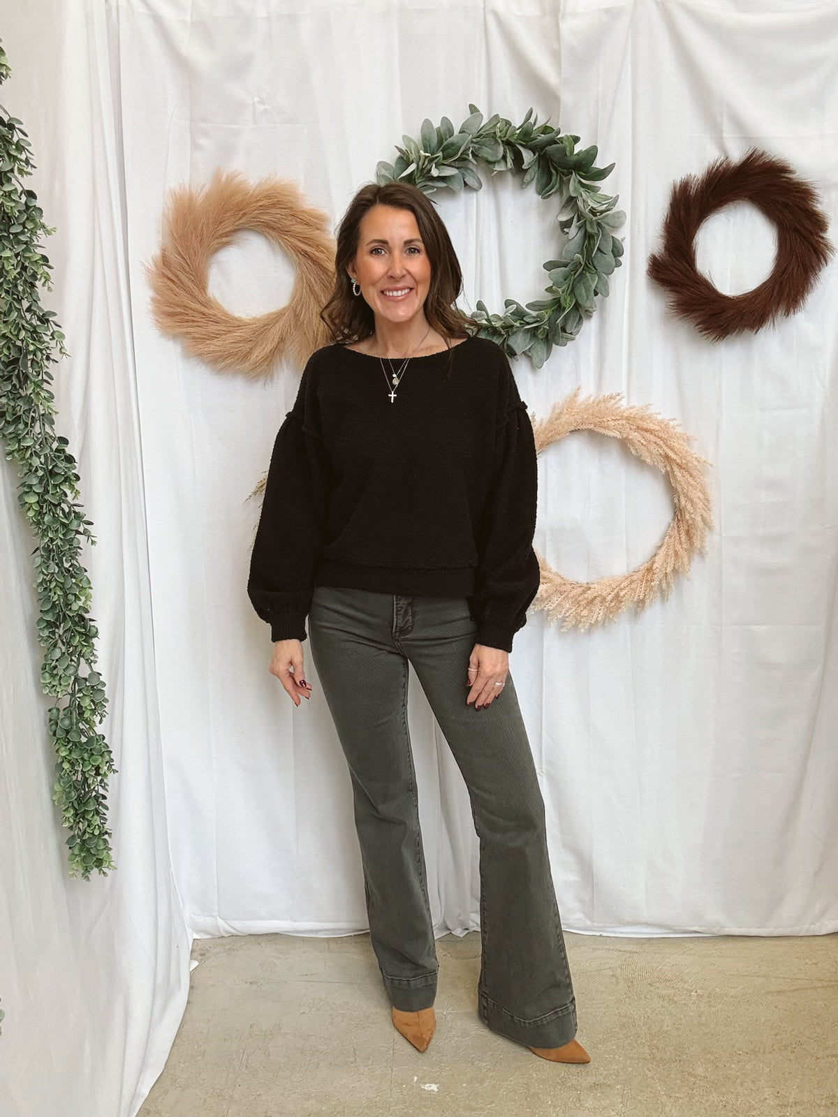 Balloon Sleeve Boucle Sweater-Black-Sweaters-mystree-The Silo Boutique, Women's Fashion Boutique Located in Warren and Grand Forks North Dakota