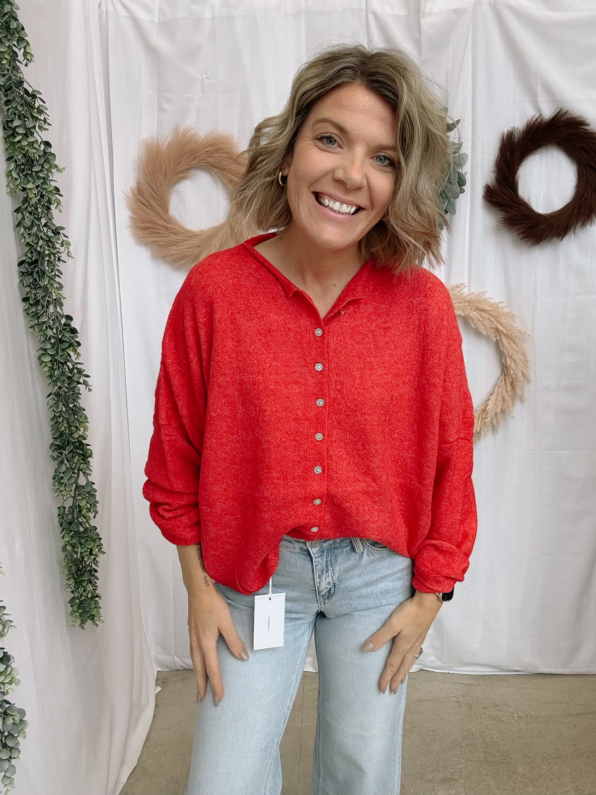 Melanie Button Down Cardigan-Red-Cardigans-merci-The Silo Boutique, Women's Fashion Boutique Located in Warren and Grand Forks North Dakota