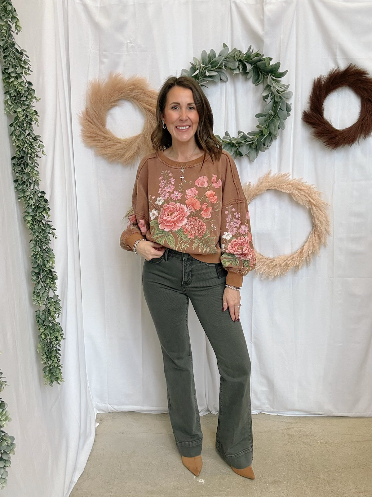 Vintage Botanical Floral Sweatshirt-Mocha-Sweatshirts-davi-The Silo Boutique, Women's Fashion Boutique Located in Warren and Grand Forks North Dakota