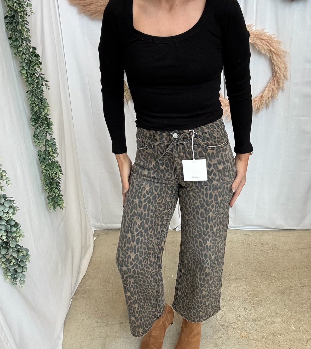 Lovervet Leopard Tie Waist Jeans-Jeans-vervet-The Silo Boutique, Women's Fashion Boutique Located in Warren and Grand Forks North Dakota