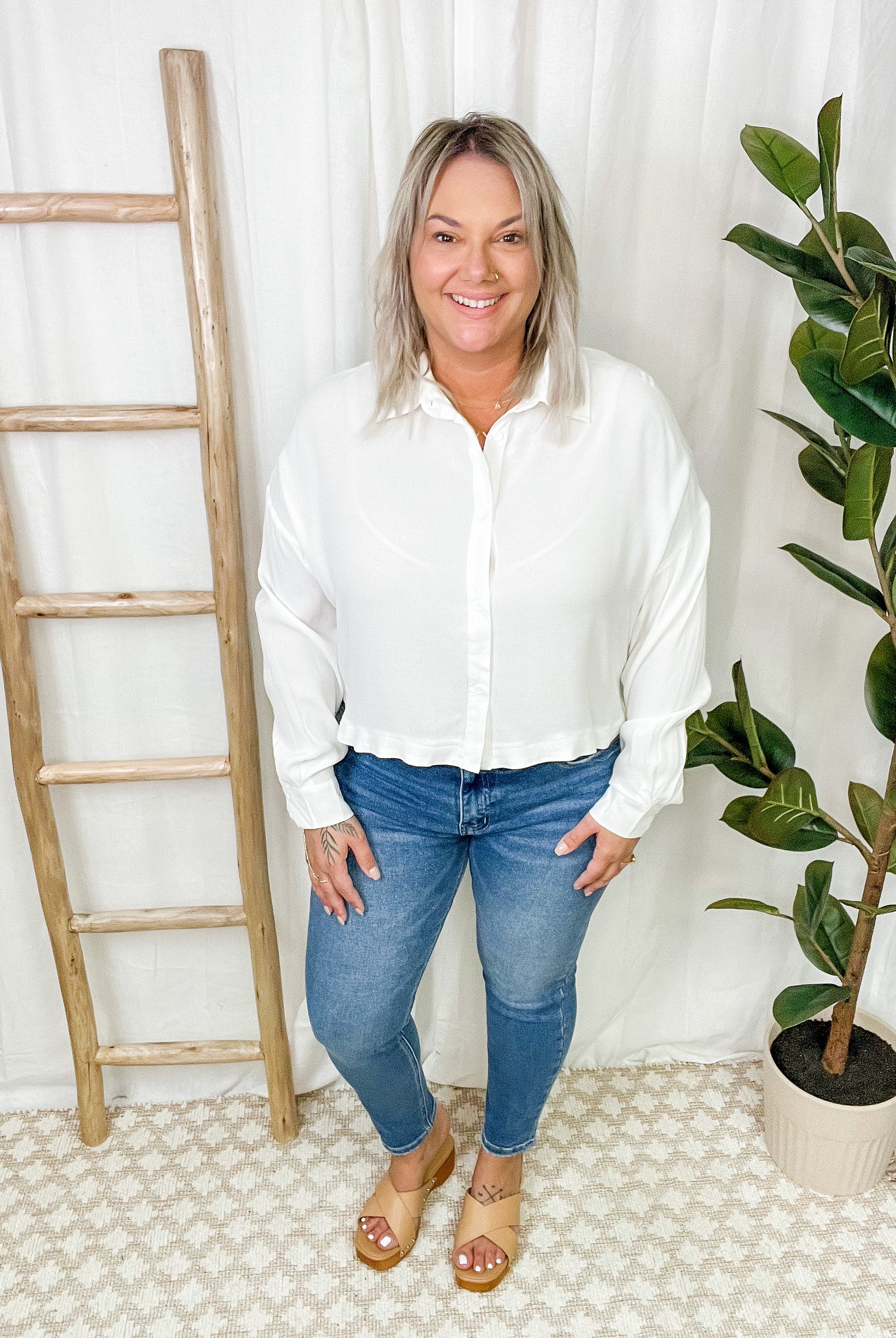The Easy White Button Down Top-Long Sleeves-mittoshop-The Silo Boutique, Women's Fashion Boutique Located in Warren and Grand Forks North Dakota